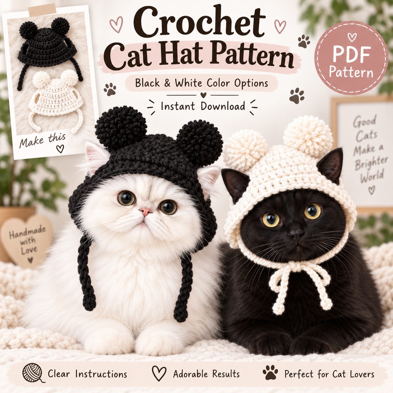 Black and white cat wearing a black crochet bonnet with pom pom ears