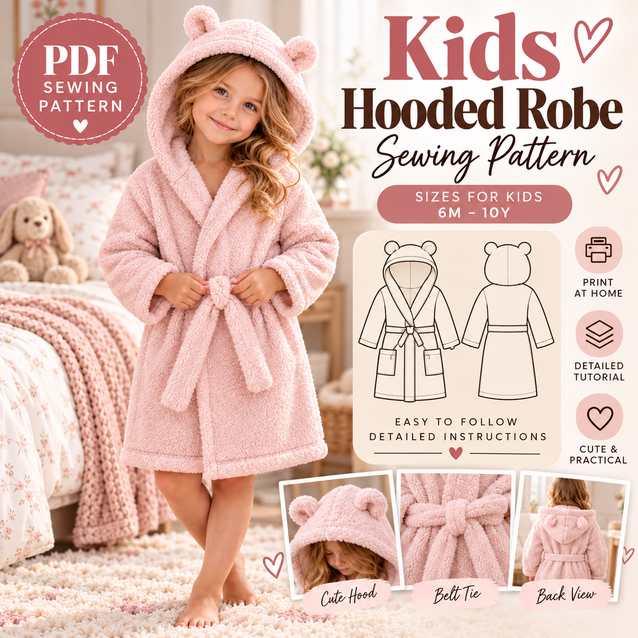 Pink kids hooded robe sewing pattern cover, sizes 6 months to 10 years
