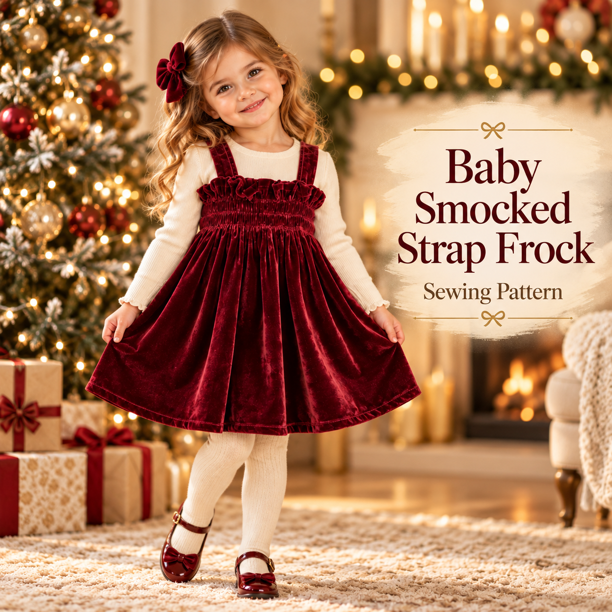 Baby smocked strap frock sewing pattern in deep red velvet