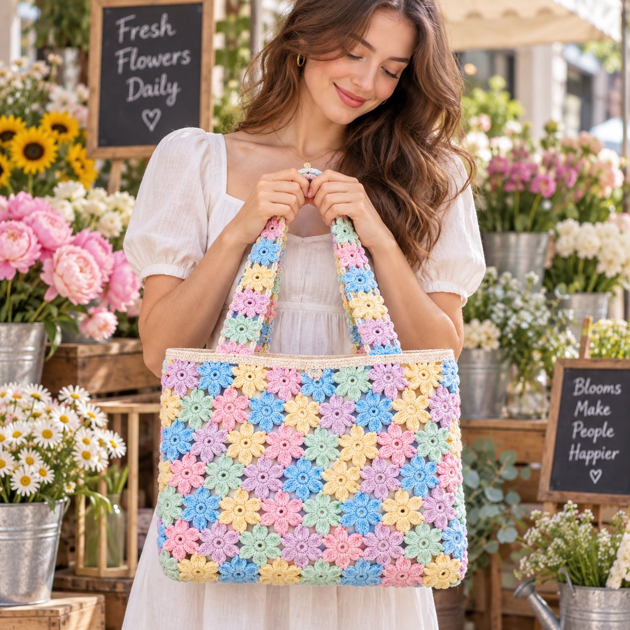Model carrying a pastel flower motif crochet tote bag