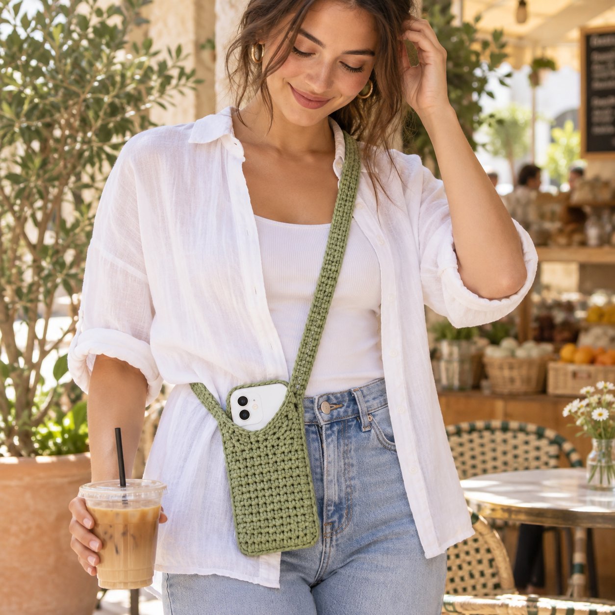 Green ribbed crochet phone pouch worn as a crossbody bag