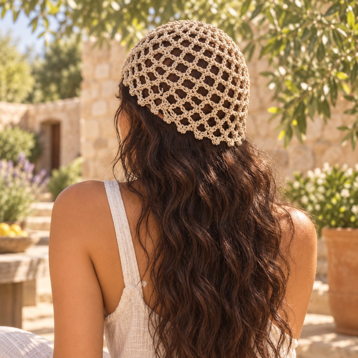 Model wearing a brown open mesh crochet cap