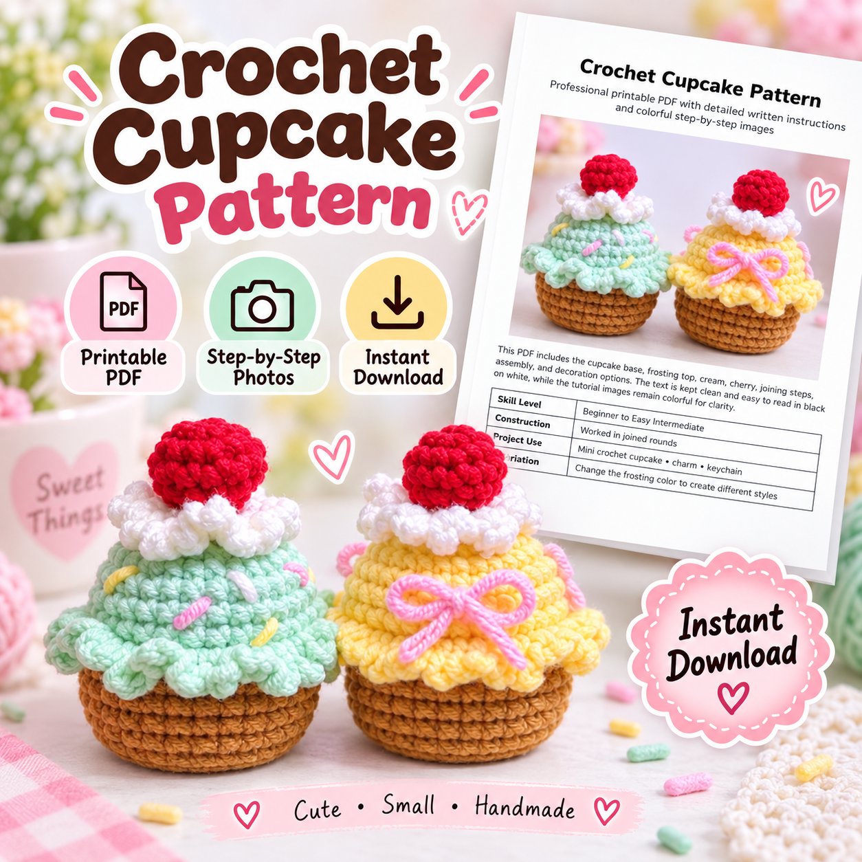 Mini crochet cupcakes with mint and yellow frosting, cream, and cherry toppers
