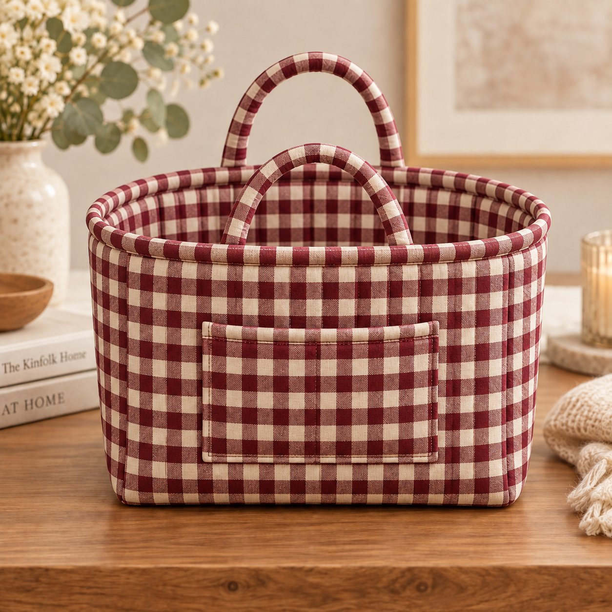 Burgundy gingham quilted laundry basket with padded handles and front pocket