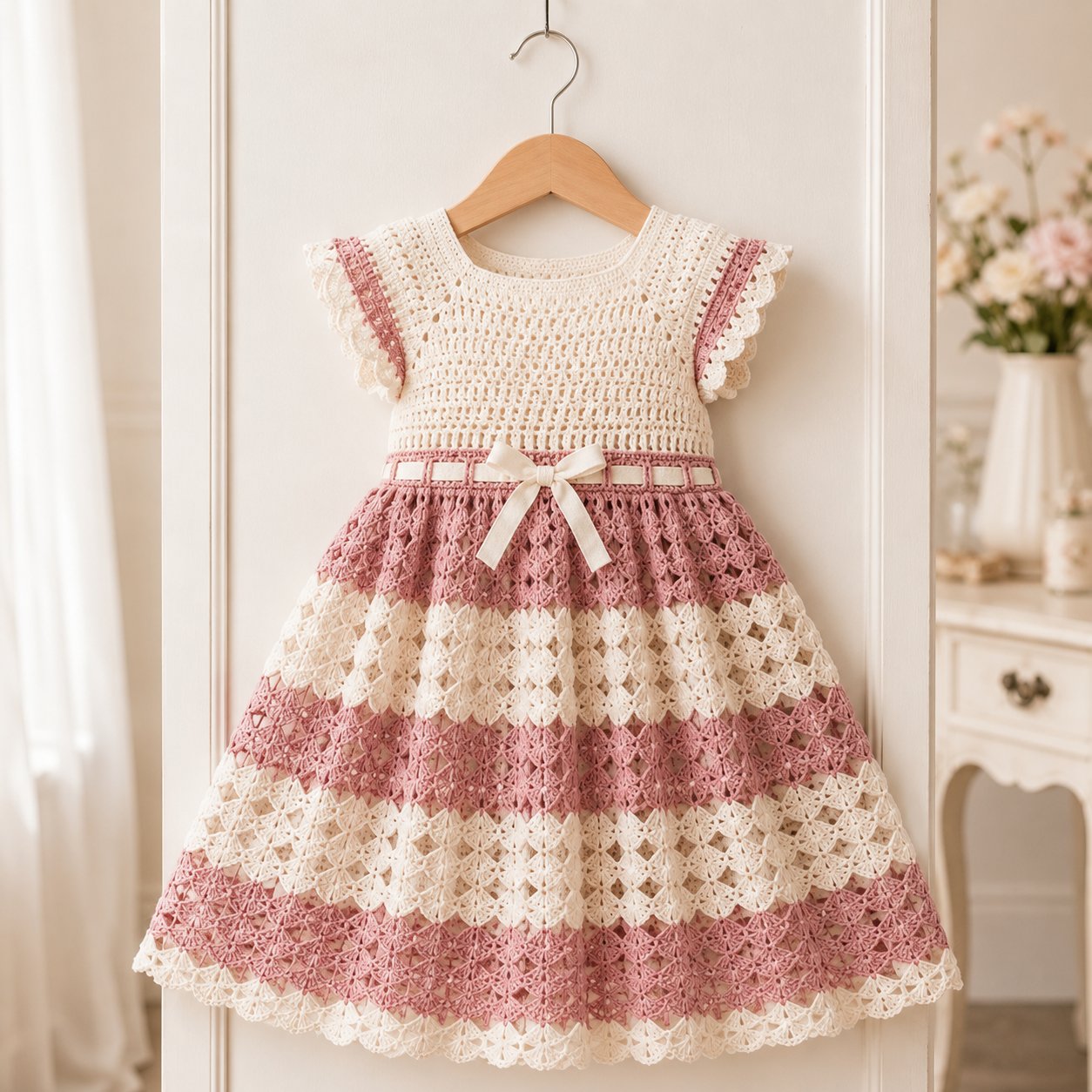 Pink and cream crochet baby dress with scalloped cap sleeves and fan-stitch skirt on a wooden hanger