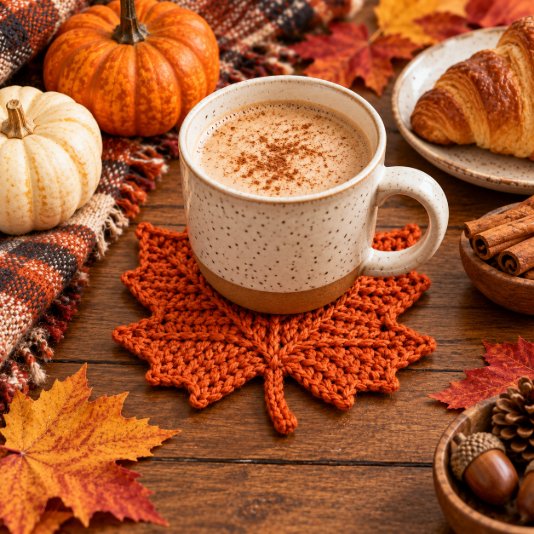 Orange crochet maple leaf coaster beneath a cup in an autumn table setting