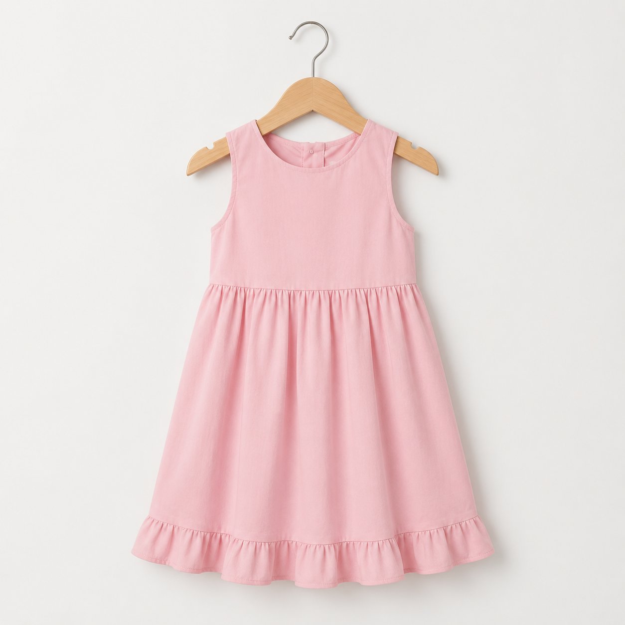 Girl wearing a pink sleeveless ruffle dress with a gathered skirt