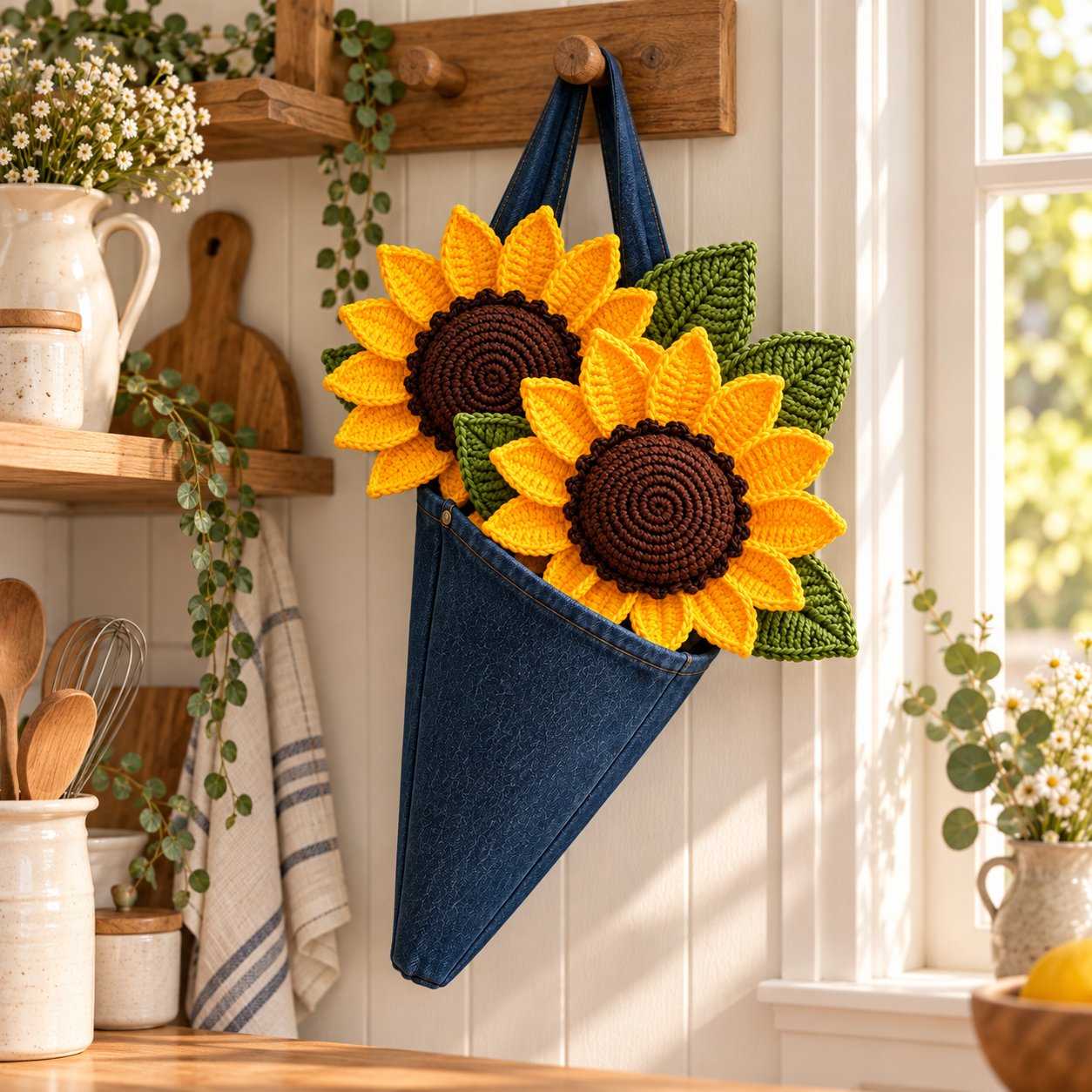 Realistic crochet sunflowers displayed in a denim cone wall hanging
