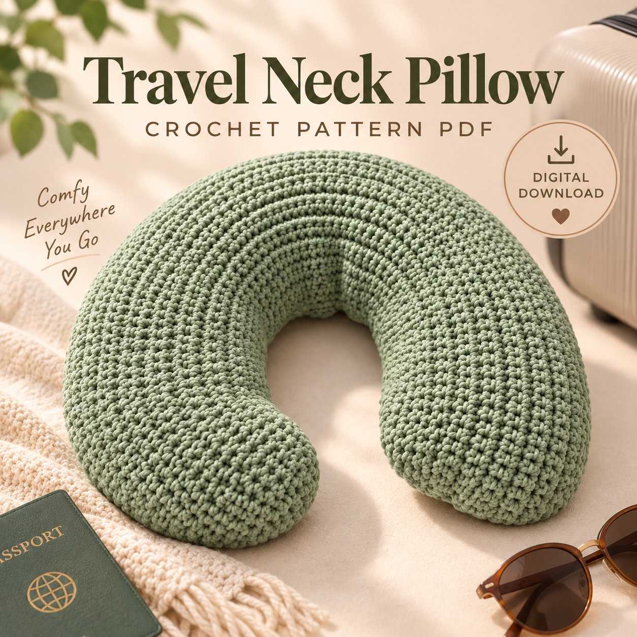 Sage green U-shaped crochet travel neck pillow