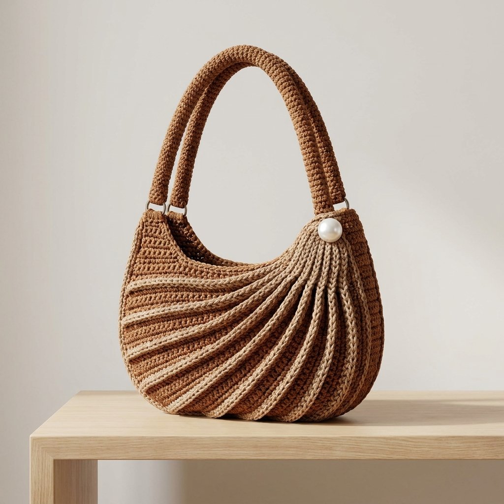 Brown crochet handbag with beige raised wave texture and rounded handles
