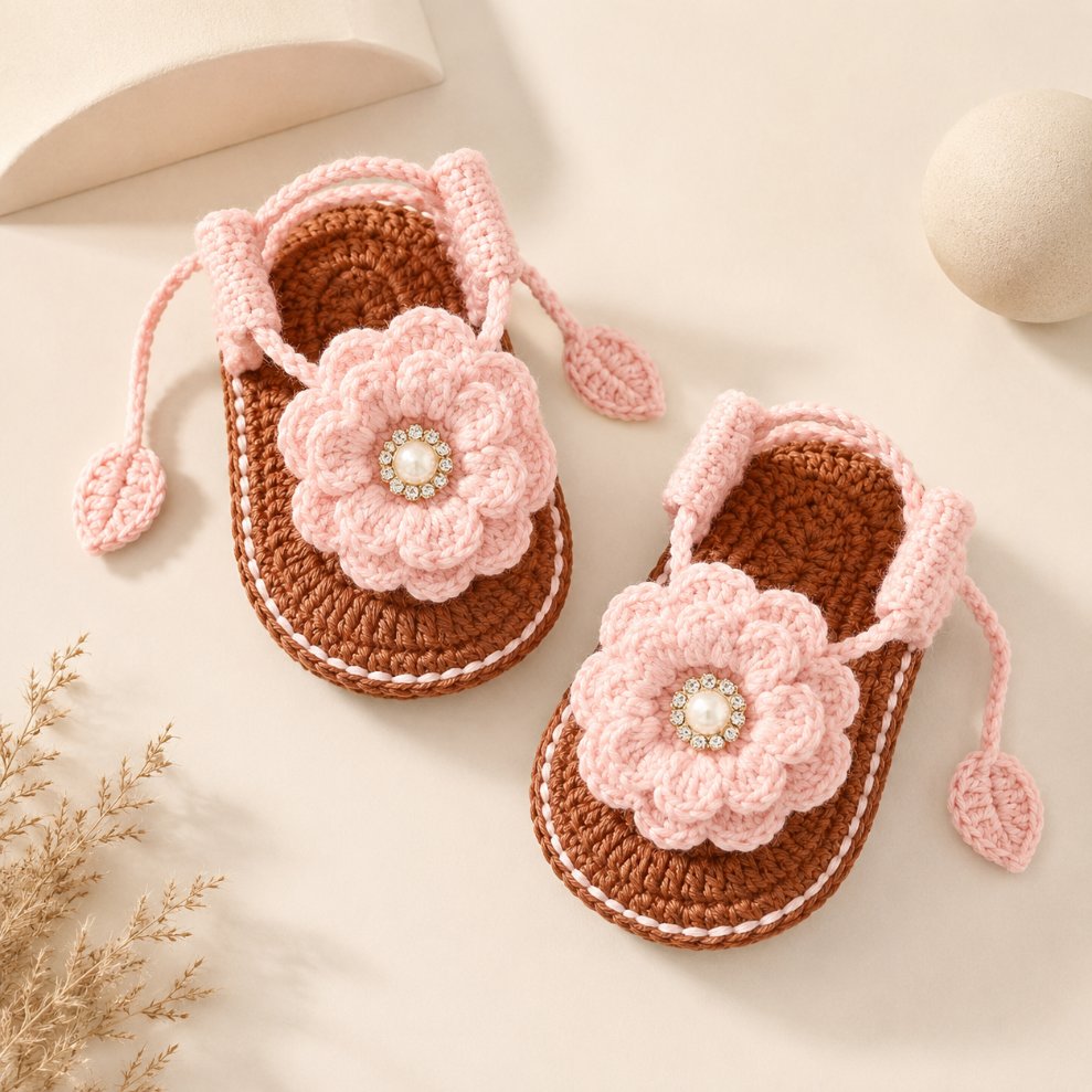 Pink crochet baby sandals with layered flowers and pearl centers