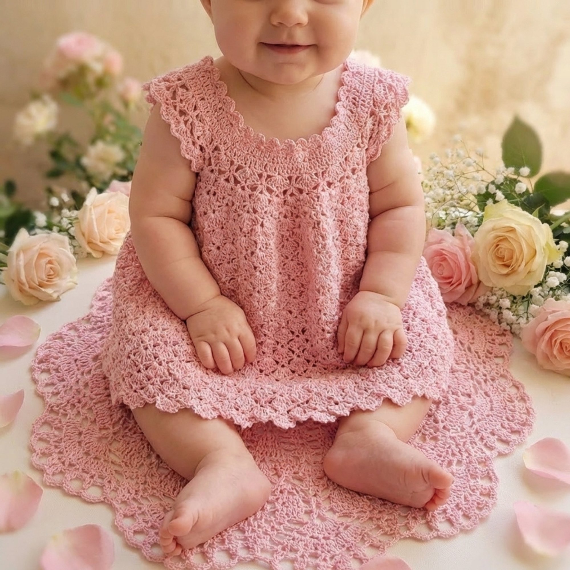 Baby wearing a pink lacy crochet christening dress