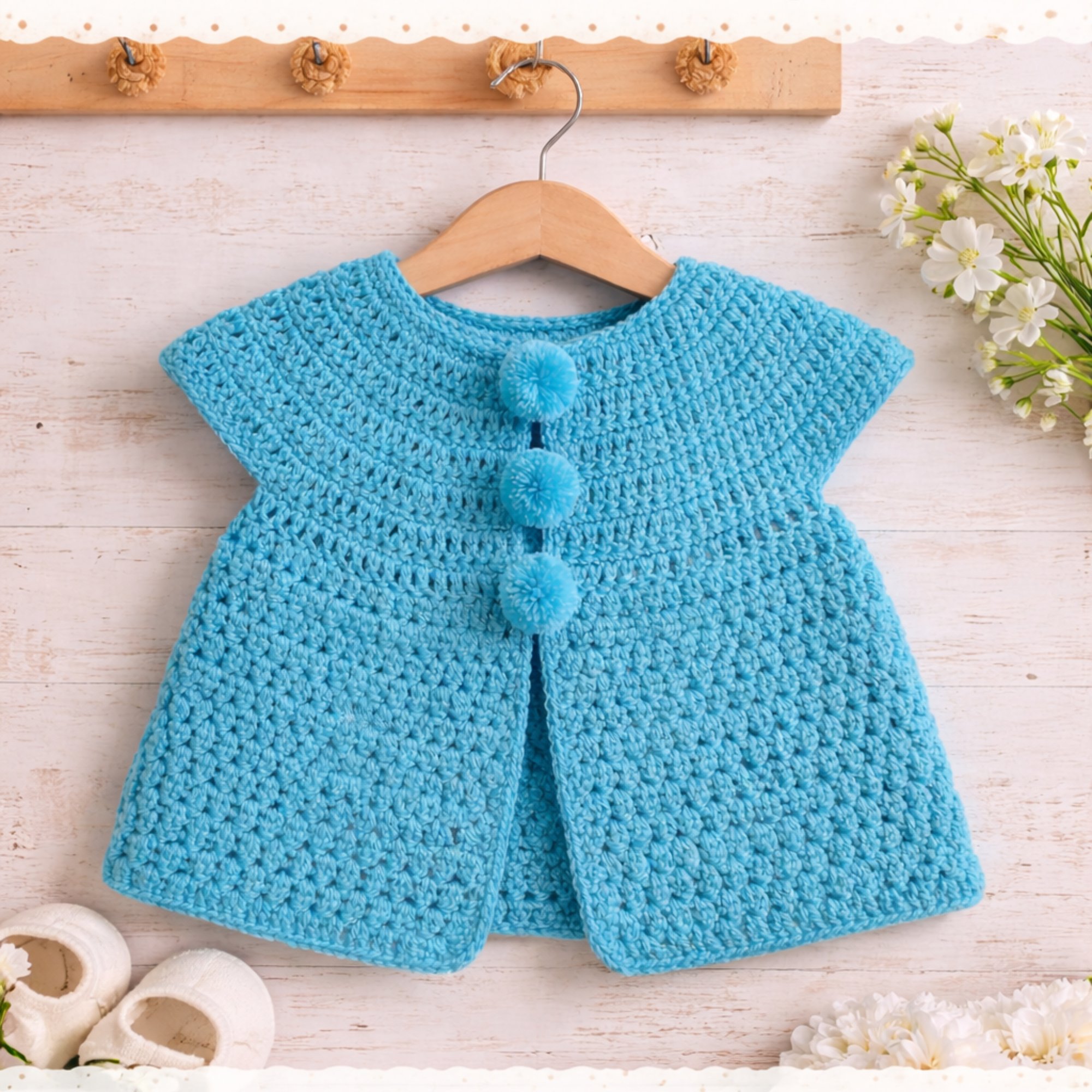 Sea blue crochet baby cardigan with pom pom closures