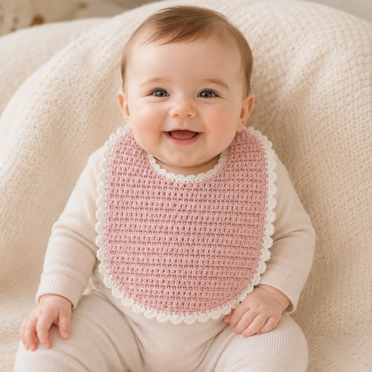 Baby wearing a soft pink cotton crochet bib with a rounded shape and buttoned neck
