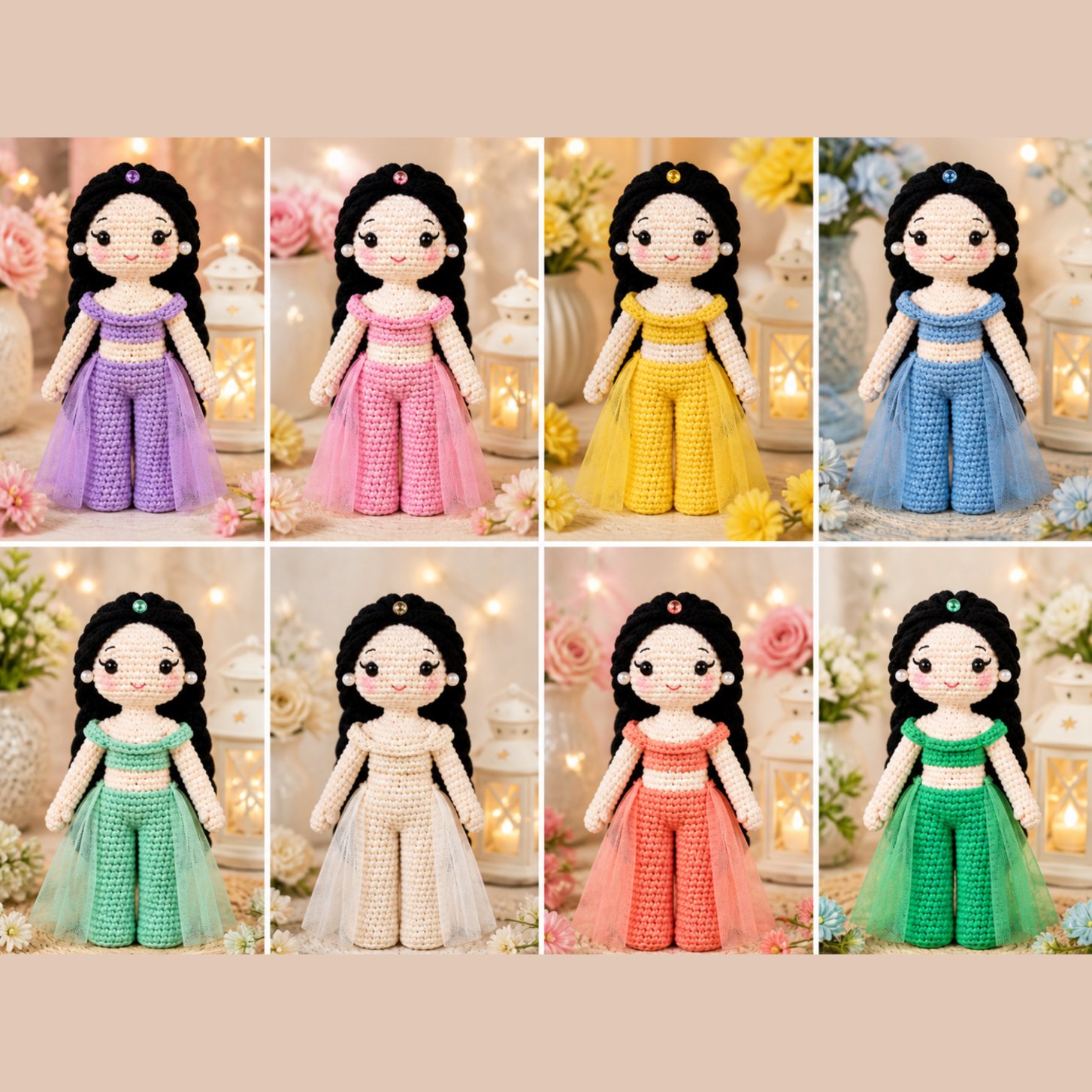 Amigurumi princess dolls shown in eight colorful crochet dresses