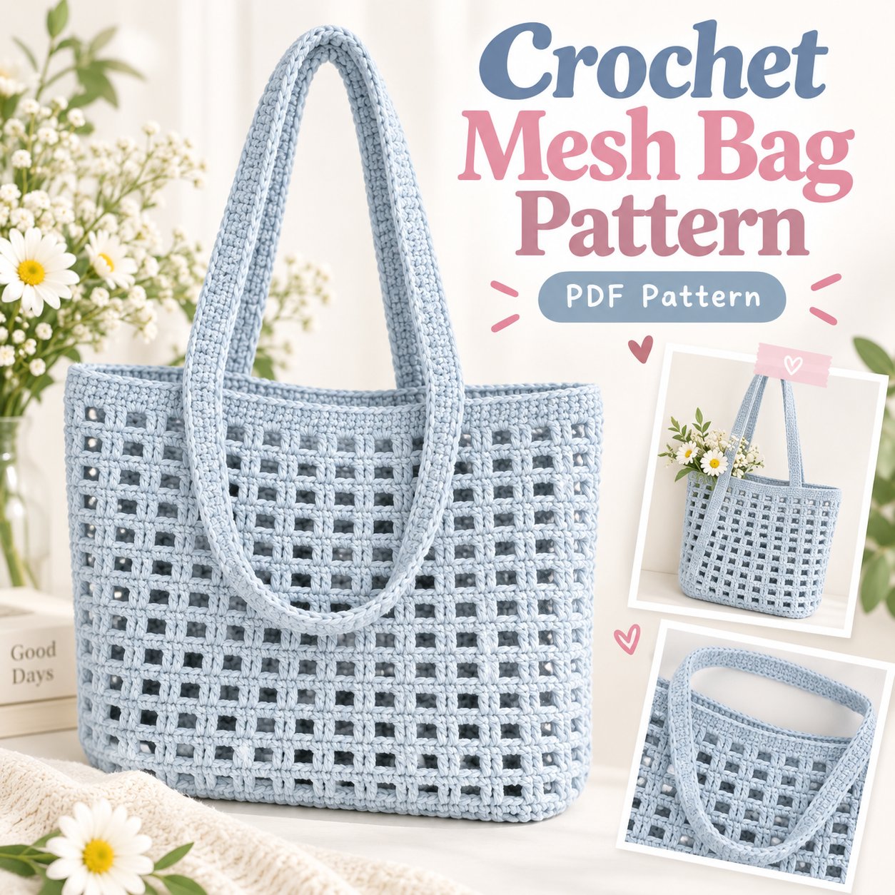 Blue crochet mesh tote bag with integrated handles