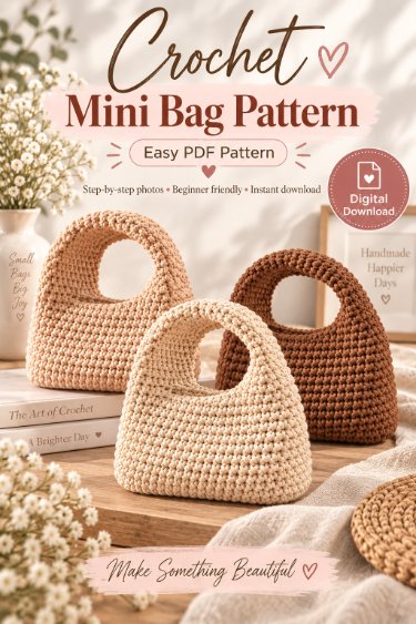 Chunky crochet mini bags in neutral beige, cream, and brown