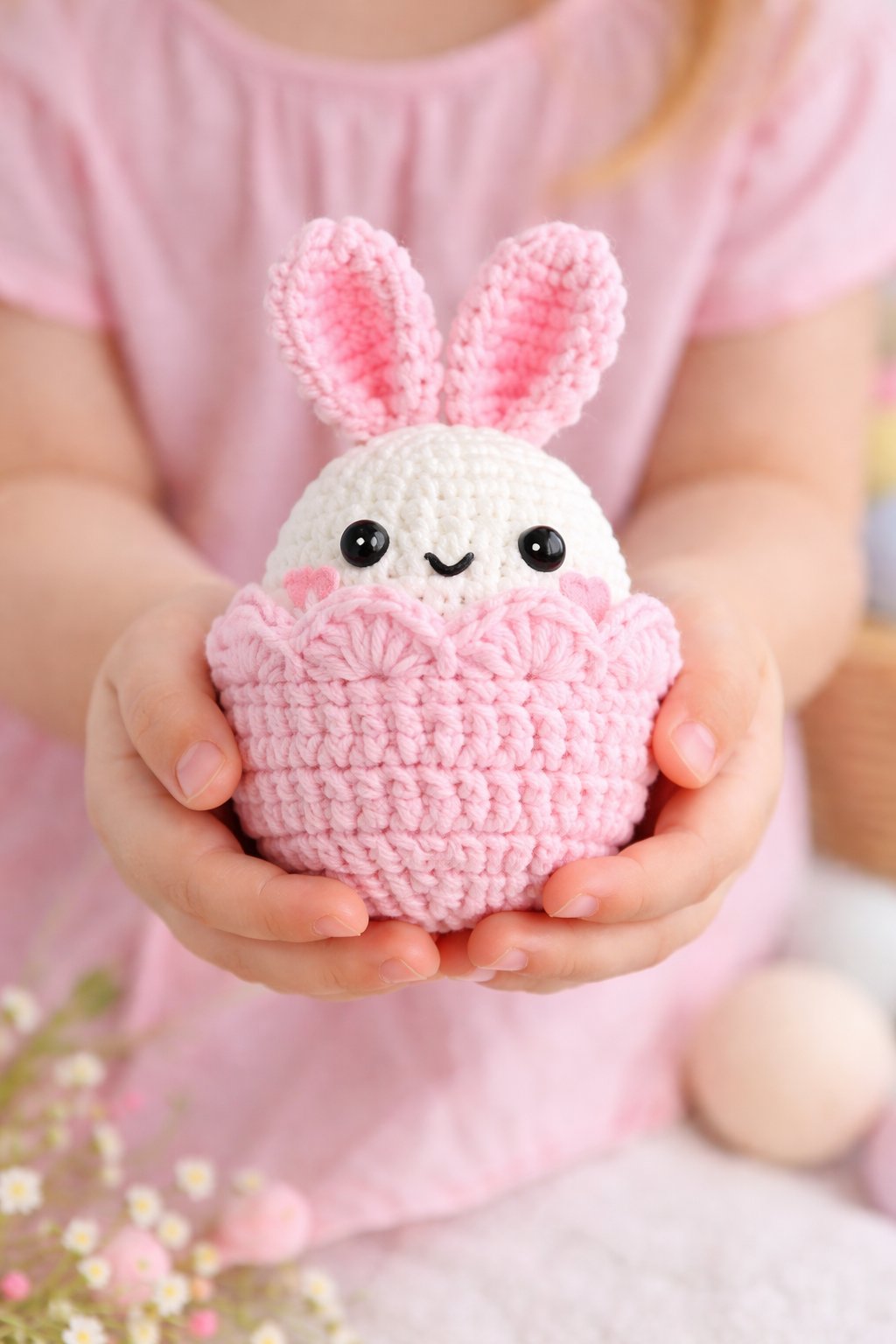 Pink amigurumi bunny peeking out of a crochet Easter egg