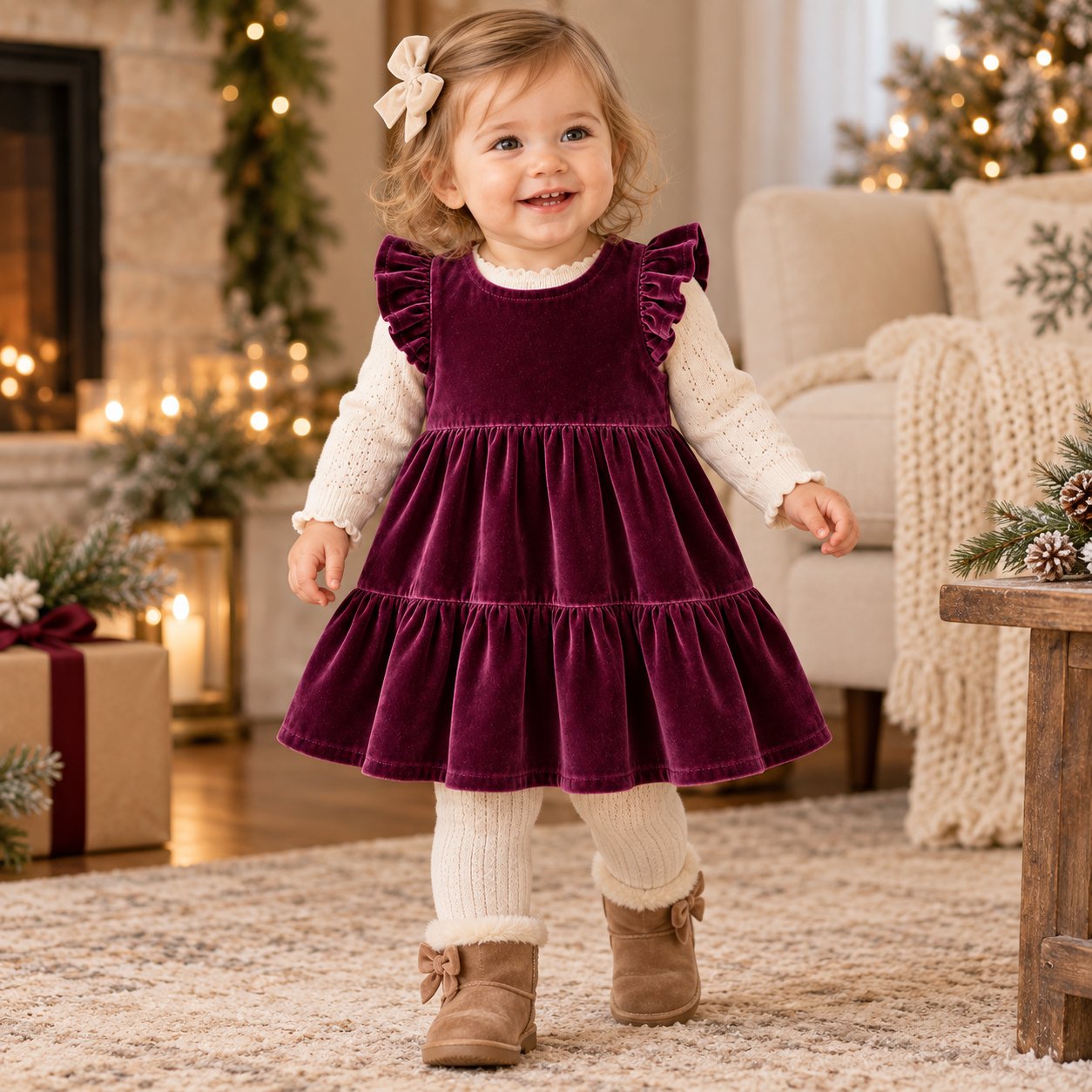 Toddler wearing a burgundy velvet ruffle sleeve dress