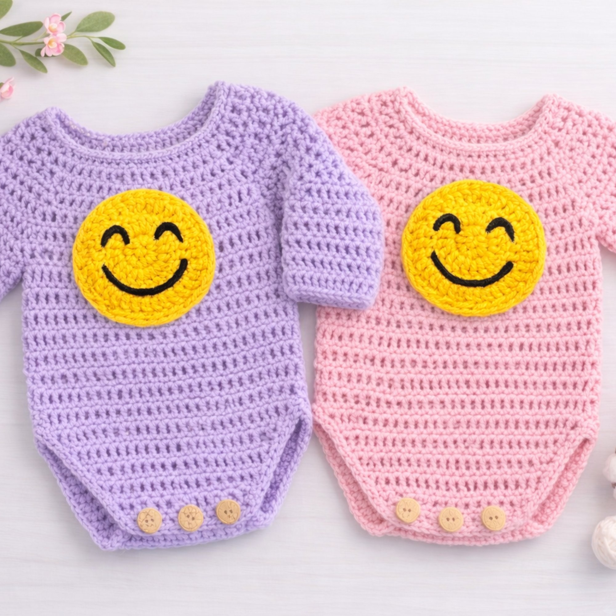 Lavender and pink crochet baby onesies with cheerful emoji appliques