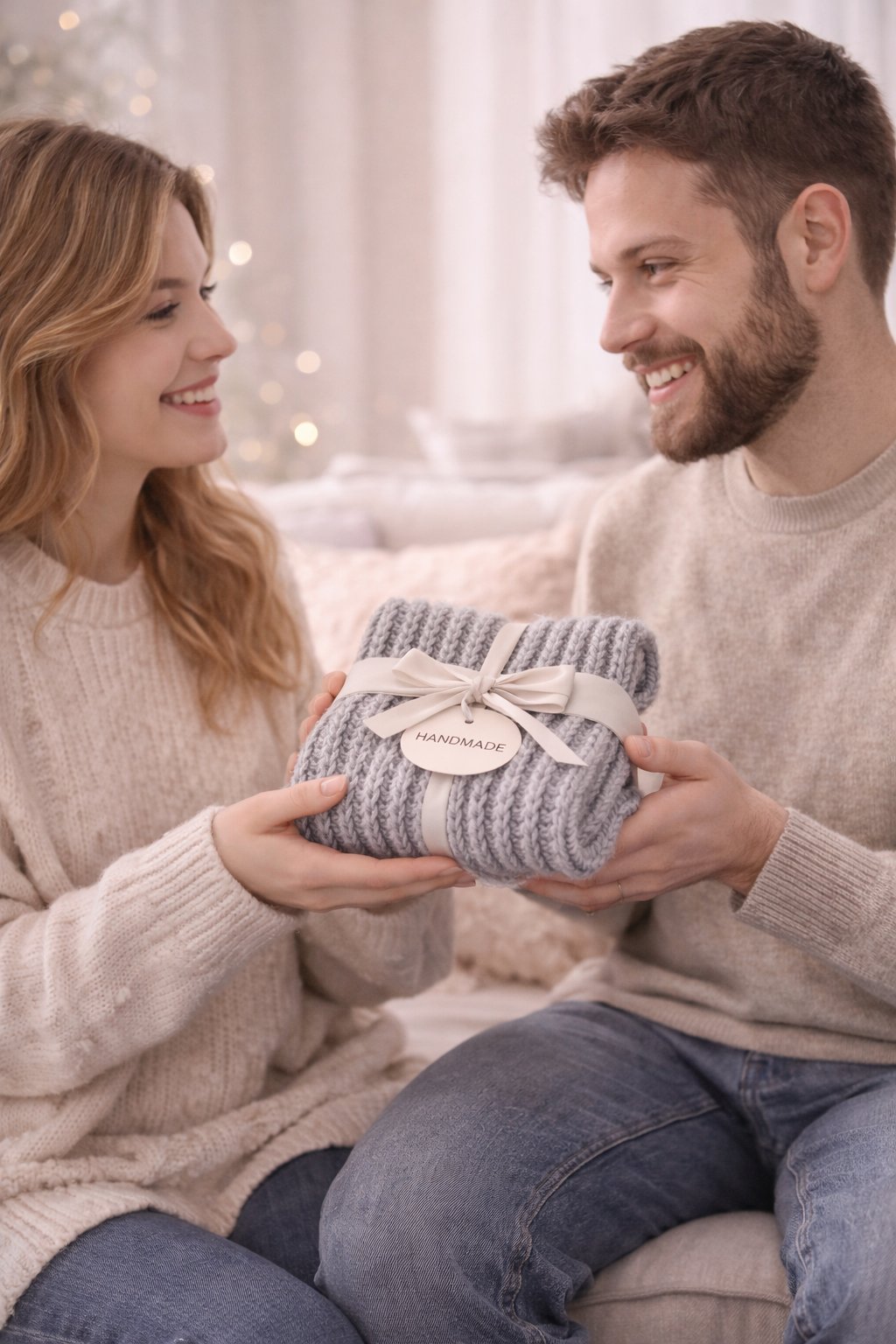 Gray ribbed crochet blanket scarf folded and wrapped as a handmade gift