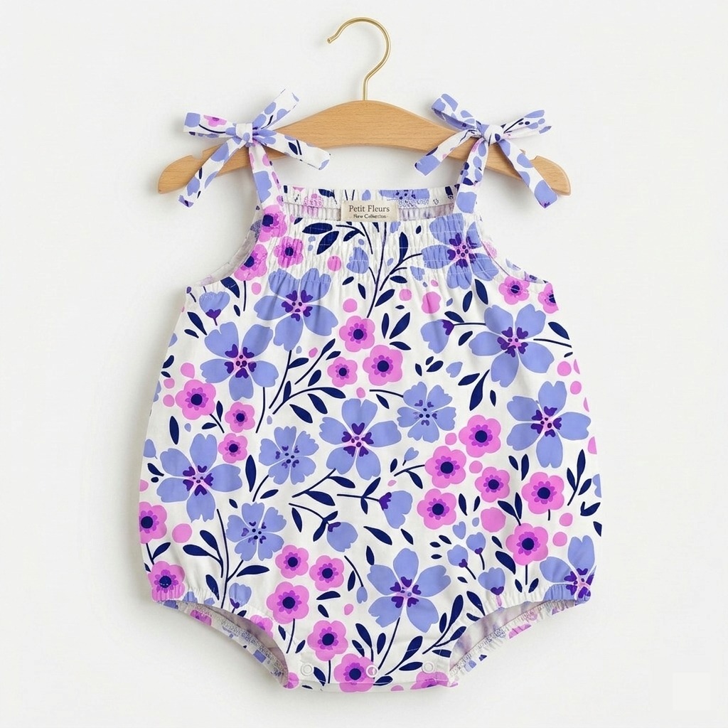 Floral tie-strap bubble romper frock displayed on a wooden hanger