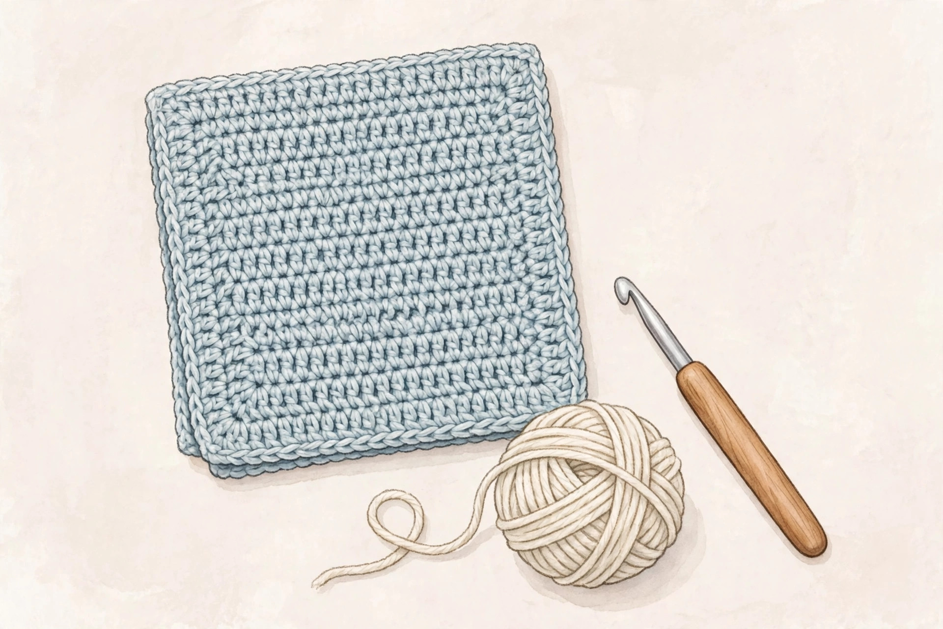 Illustrated cream single crochet dishcloth beside cotton yarn and a crochet hook