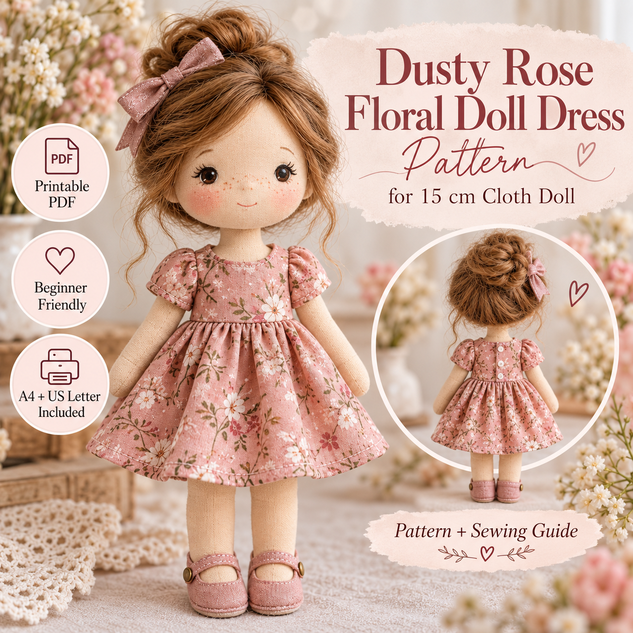 Dusty rose floral doll dress pattern cover showing a 15 cm cloth doll in a pink floral dress