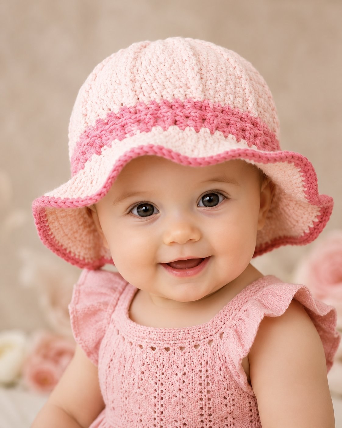 Baby wearing a pink and white ribbed crochet sun hat