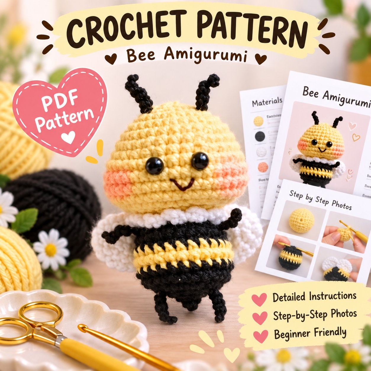 Crochet bee amigurumi keychain pattern with step-by-step photos