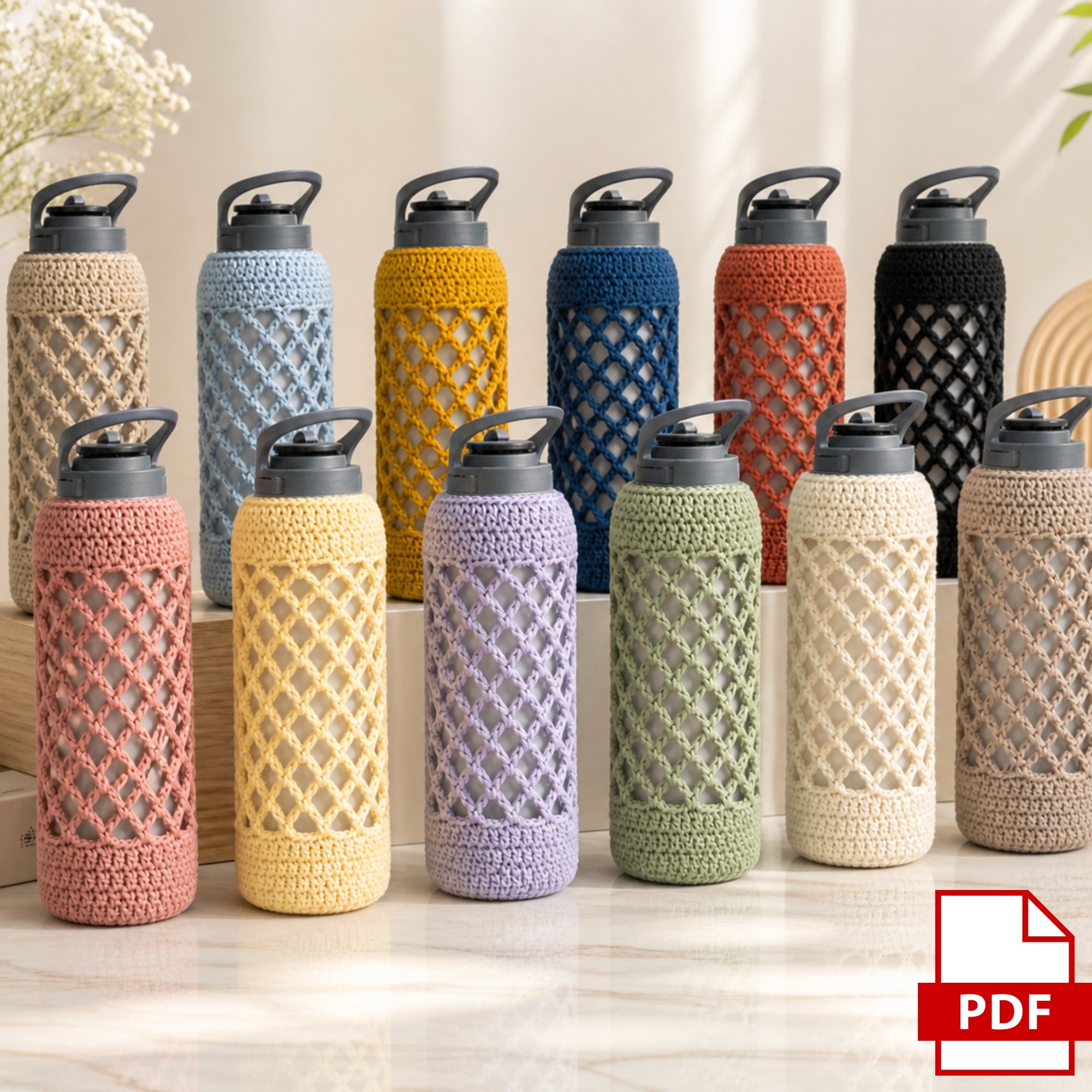 Twelve crochet bottle covers in colorful diamond mesh