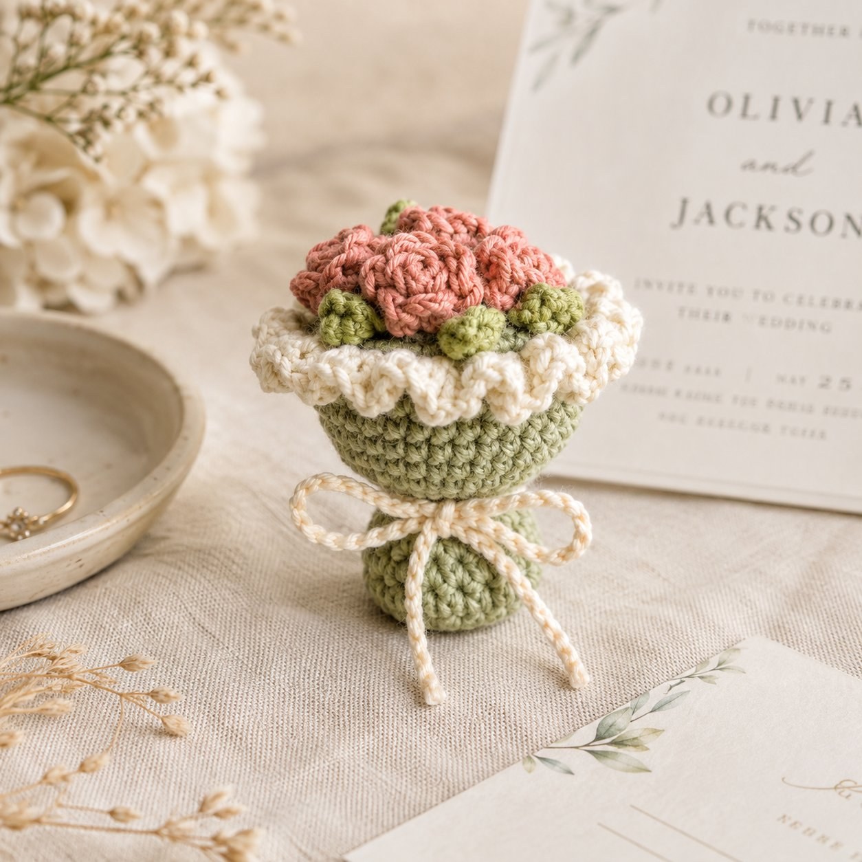 Sage green and pink crochet bouquet ring box beside a wedding invitation