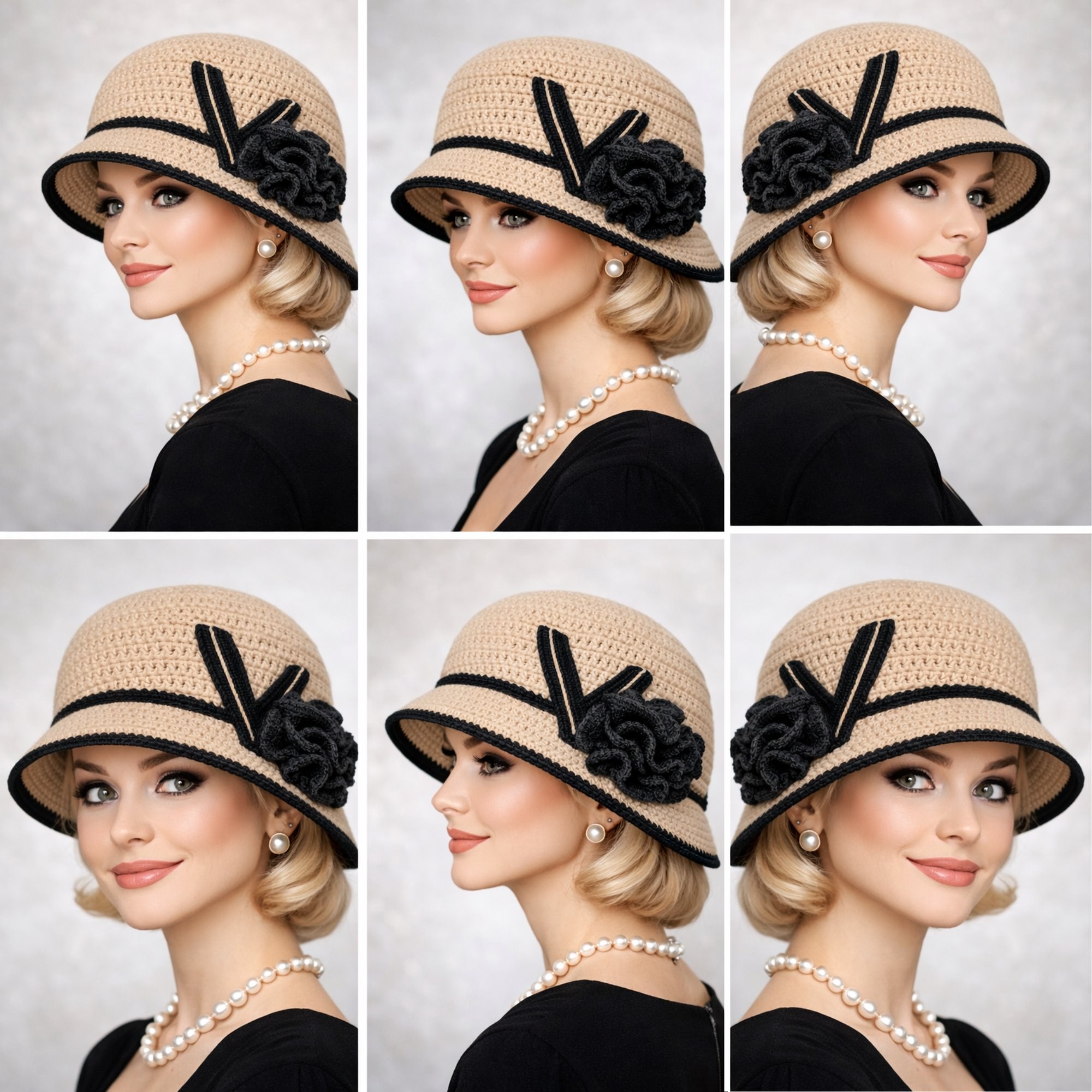 Model wearing a beige vintage crochet cloche hat with black trim and flower