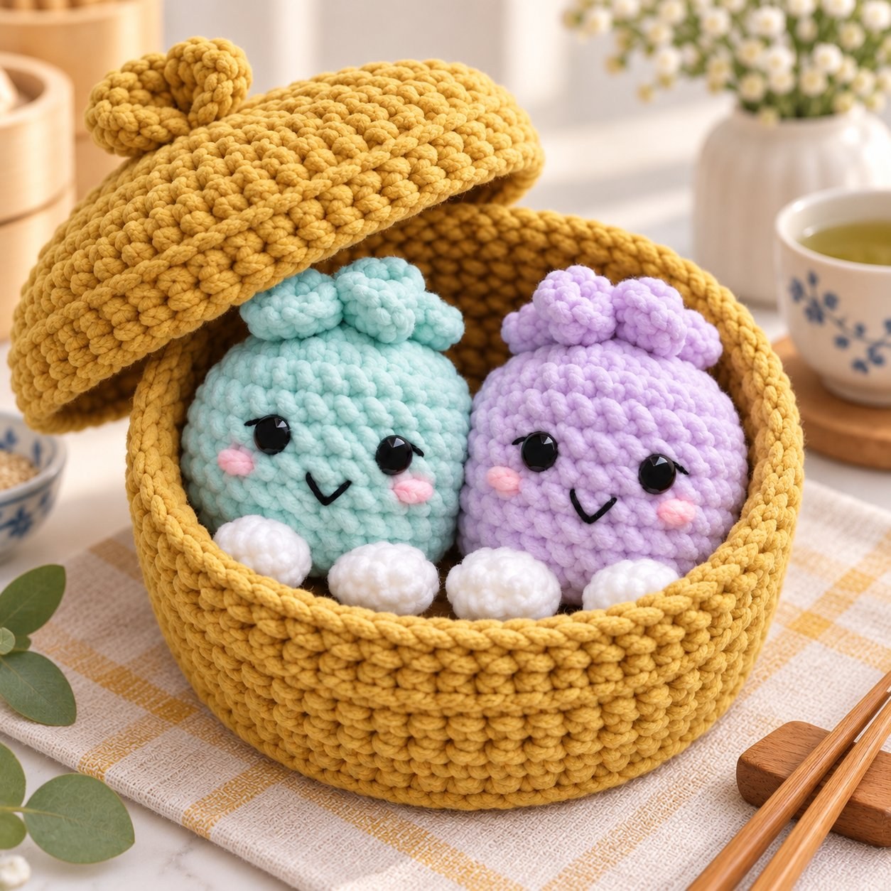 Crochet dumpling plushies in a mustard steamer basket with lid