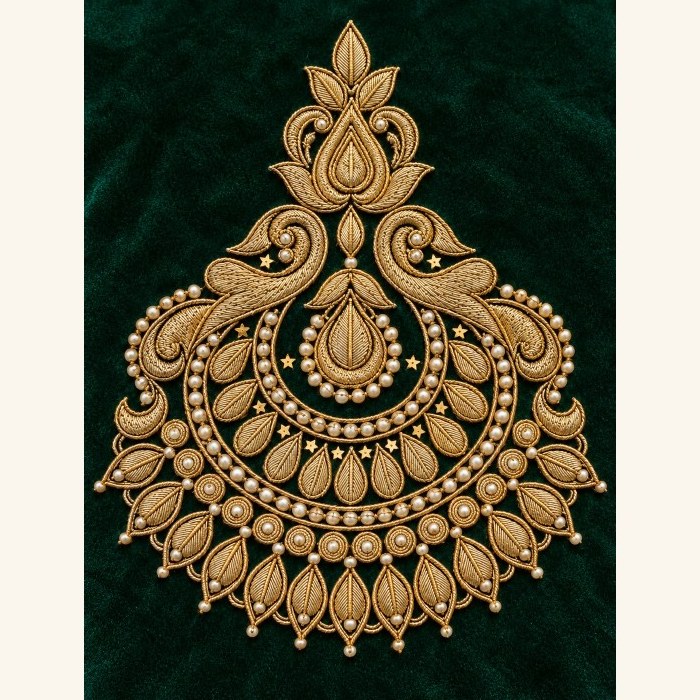 Teardrop Fan Motif gold kora wire paisley fan embroidery on emerald velvet