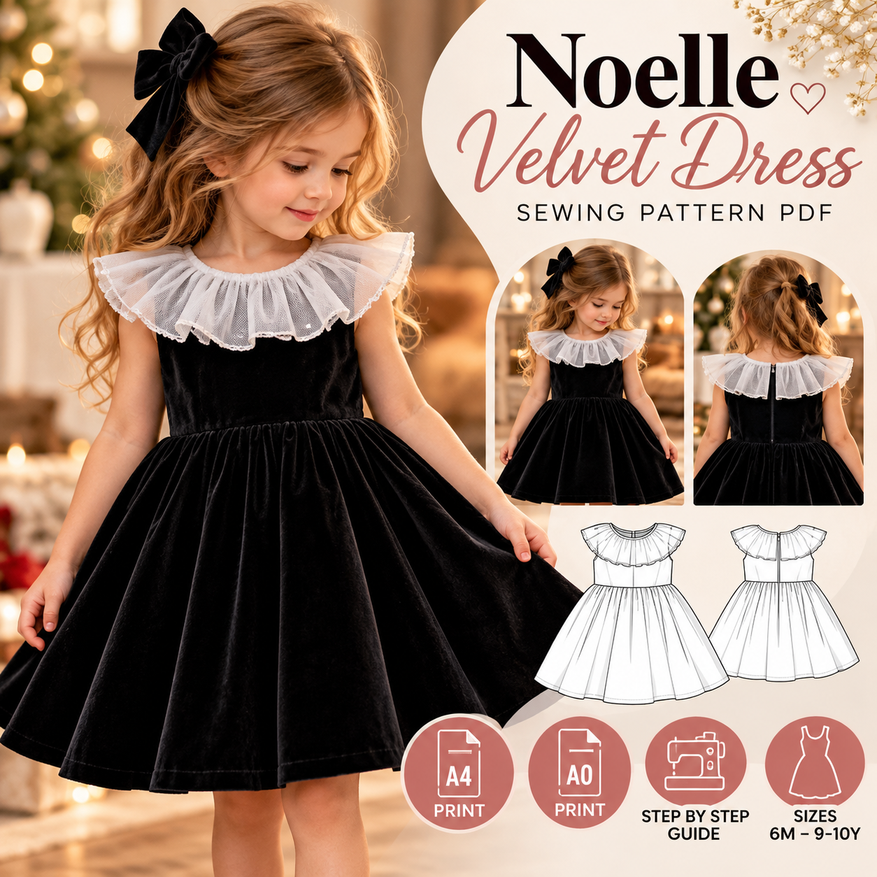 Noelle Velvet Dress sewing pattern — black velvet girls party dress with white ruffle collar, A4 and A0 print, sizes 6M-10Y
