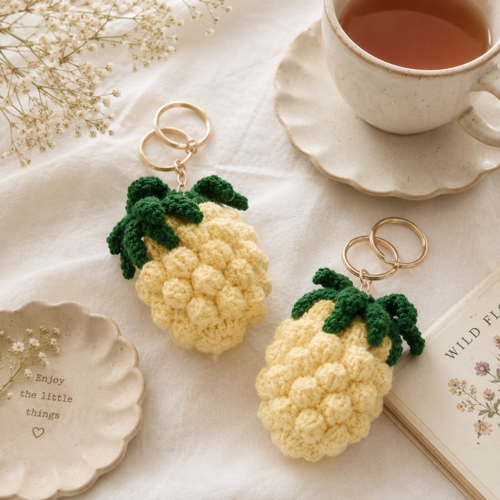Mini pineapple popcorn crochet keychains in yellow with green leaves