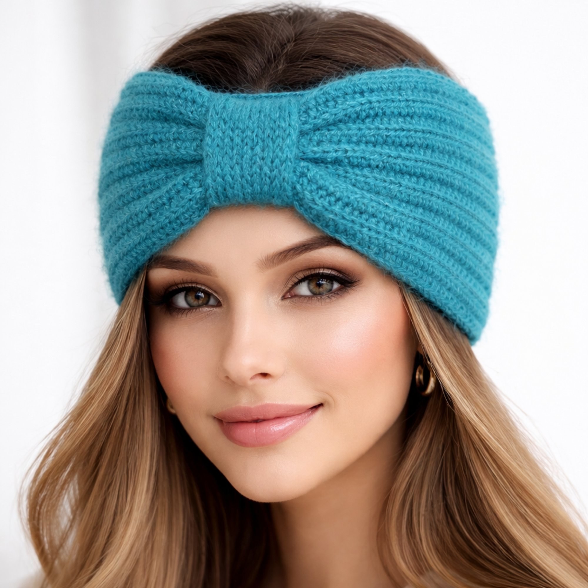 Woman wearing a teal ribbed crochet headband with gathered center