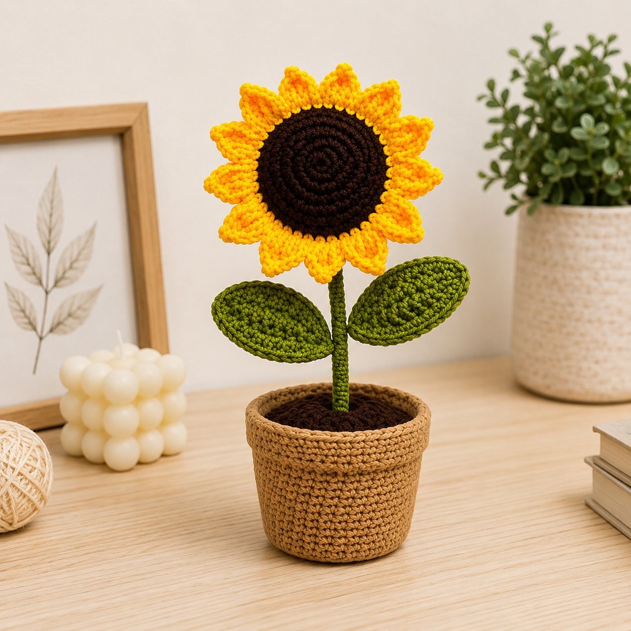 Crochet sunflower in a pot on a wooden desk
