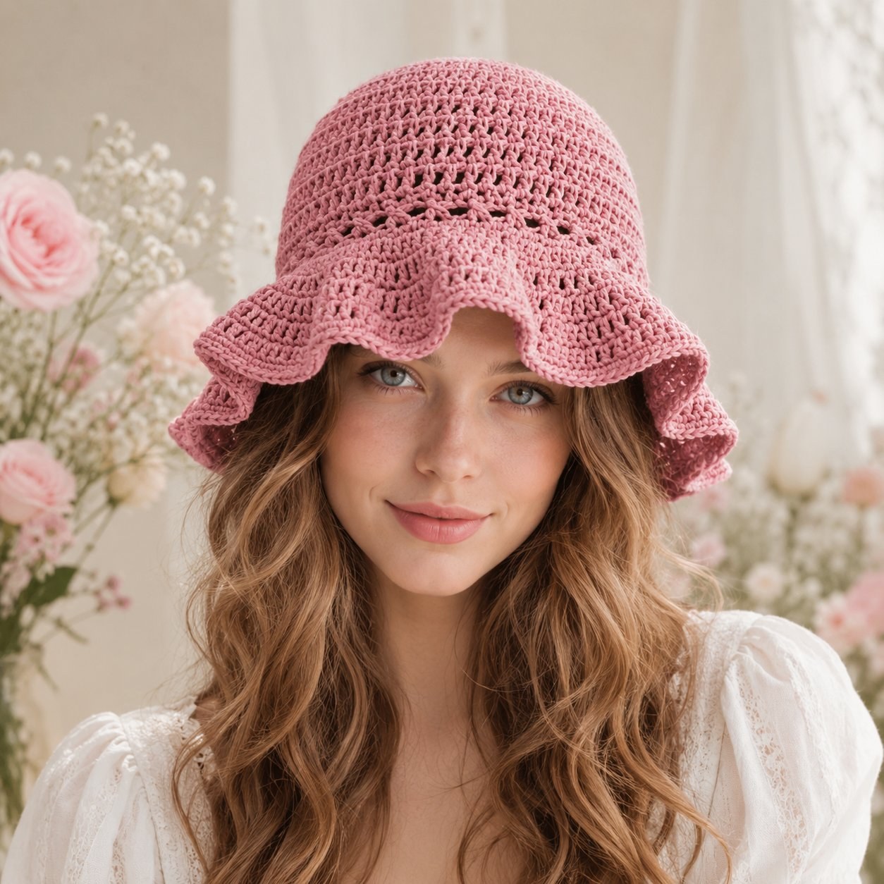 Woman wearing a pink crochet bucket sun hat with lacy band and scalloped brim
