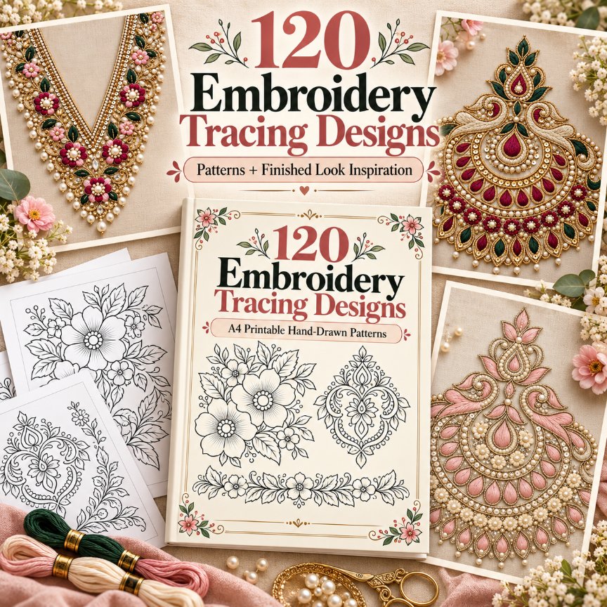 120 Embroidery Tracing Designs book with finished embroidery inspiration — patterns plus stitched looks