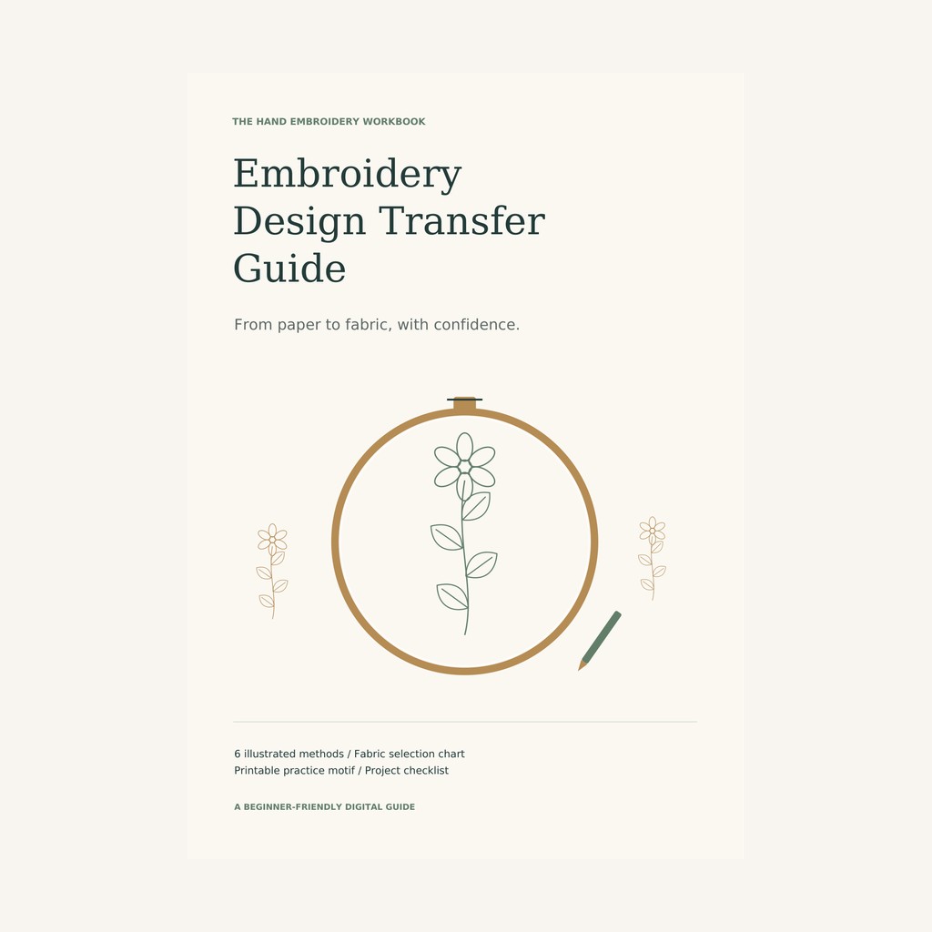 Embroidery Design Transfer Guide cover with hand embroidery hoop and botanical motif