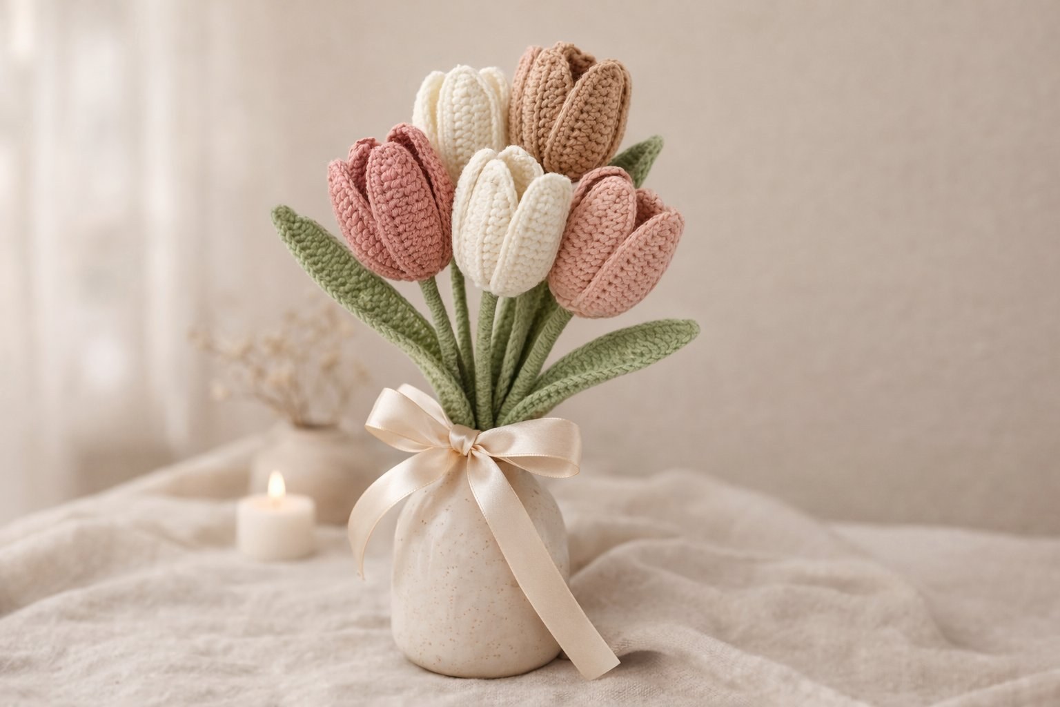 Pink crochet tulips in a pink pot with white daisies