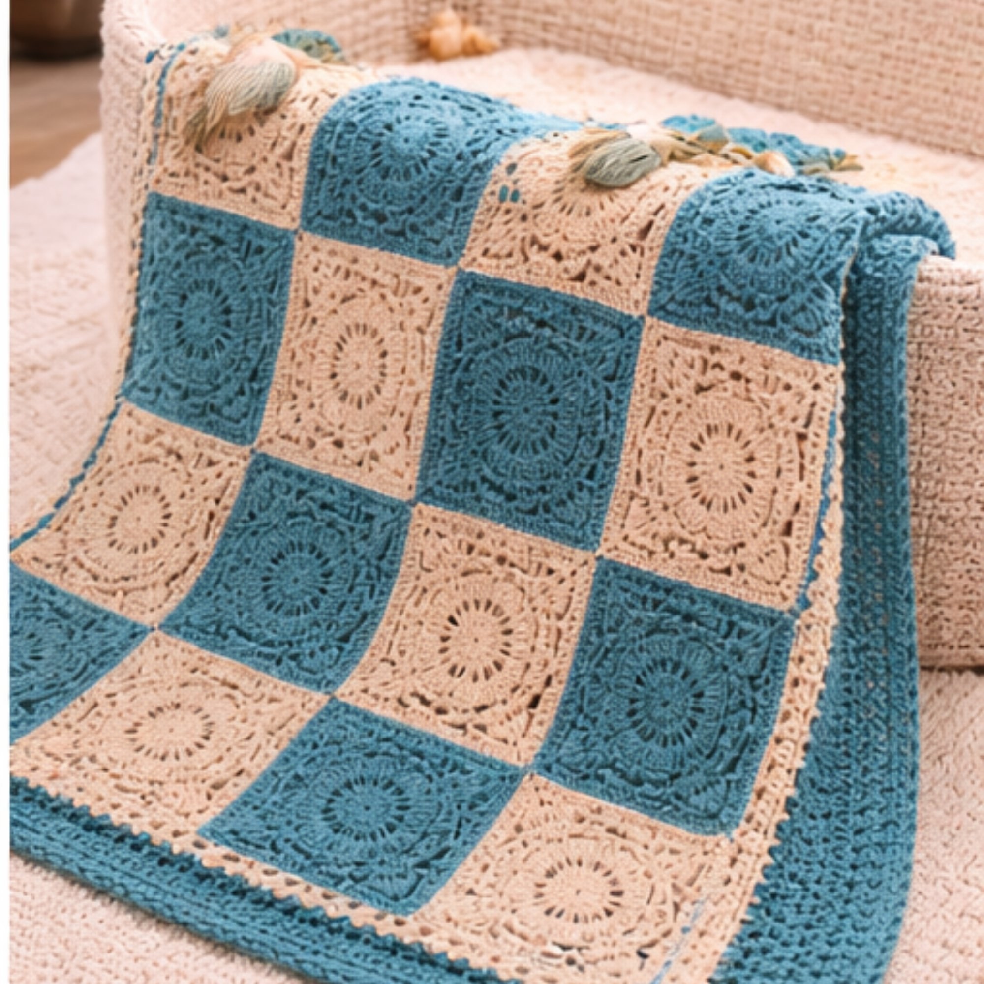 Teal and cream Willow granny square crochet blanket draped over a chair
