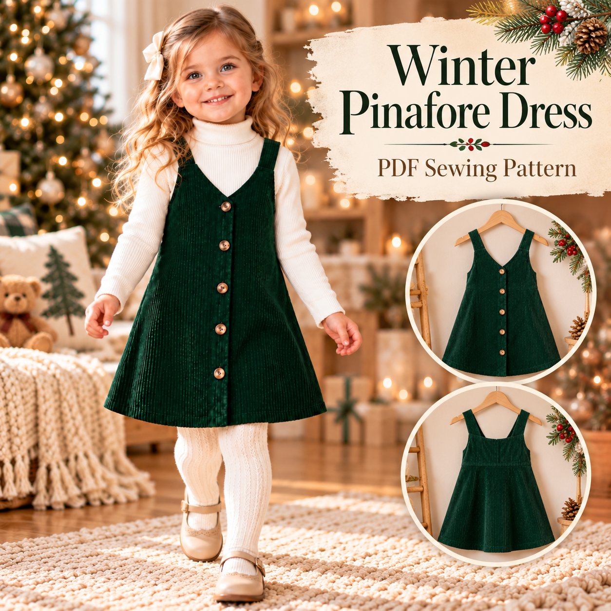 Girl wearing a green corduroy button-front winter pinafore dress over a white turtleneck